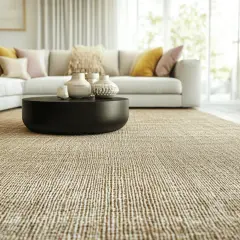 Un salon moderne avec un tapis en jonc de mer, un canapé blanc, une table basse noire et des coussins colorés. L'entretien du jonc de mer est simple pour garder cet espace accueillant.