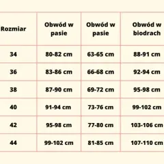 Tabela rozmiarów damskich. Rozmiar 44 odpowiada obwodowi w pasie 99-102 cm i biodrach 107-110 cm.