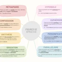 Carte mentale des 10 principales figures de style : métaphore, comparaison, antithèse, gradation, hyperbole, euphémisme, personnification, parallélisme.