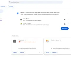 Zarządzanie rozszerzeniami w Google Chrome. Wykryto złośliwe oprogramowanie w jednym z dodatków, co wymaga jego aktualizacja lub usunięcie.