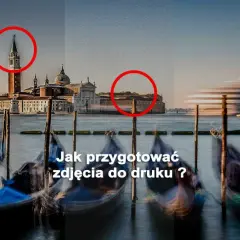 Wenecja z gondolami. Obraz pokazuje różne etapy obróbki, od surowego pliku po gotowy do druku. Czerwone kółka zaznaczają detale.