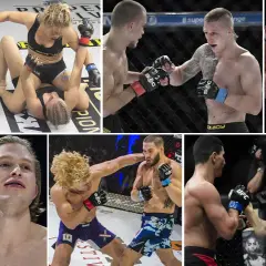 Kollage med MMA-fighters i action. En kvinna i topp och shorts på marken, två män i handskar som slåss, en man som jublar, och två män i en bur. Det här är verkligen best of mma.