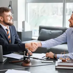 Dwóch mężczyzn w garniturach ściska sobie dłonie przy biurku z dokumentami i wagą sprawiedliwości.