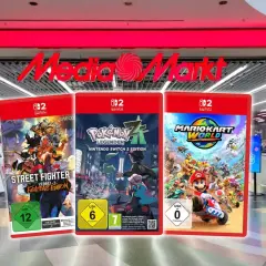 Drei Nintendo Switch 2 Spiele: Street Fighter, Pokémon Legenden und Mario Kart World, präsentiert vor einem MediaMarkt.