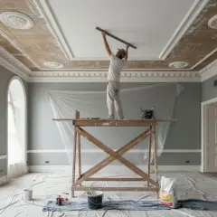 Lavori di intonaco interno: un operaio su un ponteggio applica l'intonaco al soffitto decorato di una stanza in ristrutturazione.