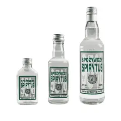 Trzy butelki spirytusu rektyfikowanego "Spożywczy Spirytus" o różnej pojemności. Idealny do macerowania ziół i owoców.