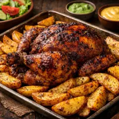 Un jugoso pollo a la brasa dorado y crujiente, acompañado de papas rústicas y ensalada fresca.