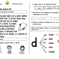 Dani disfruta nadar en su delfín verde. Descubre palabras que empiezan por d: Daniel, dedo, dona, duende.