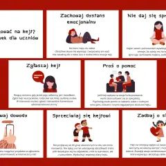 Jak reagować na hejt? 7 wskazówek dla uczniów: zachowaj dystans, nie daj się sprowokować, zgłaszaj, proś o pomoc, zachowaj dowody, sprzeciwiaj się, zadbaj o siebie.