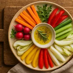 Bunte Gemüsesticks wie Karotten, Paprika, Sellerie und Radieschen, serviert mit einem Dip – eine köstliche Auswahl an besonderen italienischen Vorspeisen.