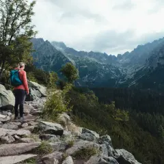 Frau mit Rucksack genießt die Aussicht beim Tatra Gebirge Wandern. Steiler Pfad, Felsen und Nadelwald.