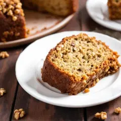 Tranche d'un gâteau aux noix de grand-mère moelleux, parsemé de noix sur une assiette blanche.