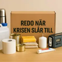 En låda med förnödenheter för en bug out-situation: konserver, ris, vattenbehållare, toalettpapper, ljus, en vevradio med ficklampa och en tub.