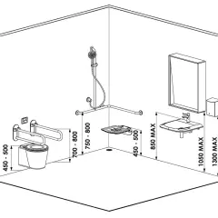 Schéma d'une salle de bain adaptée aux personnes à mobilité réduite, montrant les dimensions pour une installation conforme à la norme WC PMR.