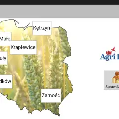 Mapa Polski z zaznaczonymi lokalizacjami i logo Agri Plus. Sprawdź agri plus cennik dla Kętrzyna, Czarnego Małego, Krąplewic, Szamotuł, Grodkowa i Zamościa.