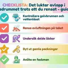 Checklista för dålig lukt avlopp i badrummet: kontrollera golvbrunn, rensa avluftning, undersök läckor, byt packningar eller anlita fackman.