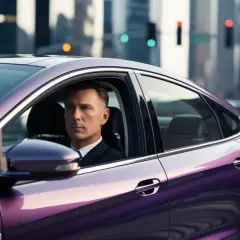 Uomo in abito guida un'auto viola scintillante in città. La sua espressione è concentrata, forse pensando alla sua guida libera assicurazione.