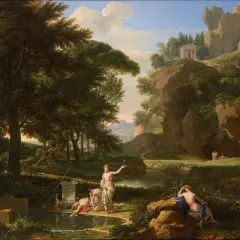 A classical landscape painting depicts figures by a stream, with one gazing into the water, perhaps inspired by the myth of Narcissus.