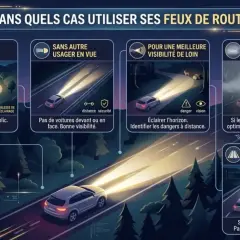 Guide sur l'utilisation des feux de route : sur route non éclairée, sans autre usager, pour meilleure visibilité, quand la visibilité est réduite, et sur voie rapide isolée la nuit.