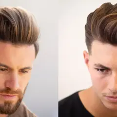 Dwóch mężczyzn z modną fryzurą quiff. Jeden z nich ma zarost, drugi gładką skórę.