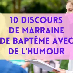 Une marraine souriante lit un discours humoristique pour un baptême.