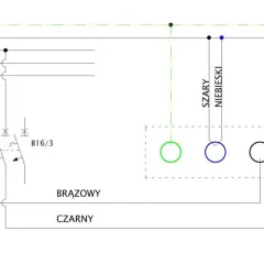 Schemat podłączenia płyty indukcyjnej: przewody PE, N, L1, L2, L3, zabezpieczenia B16/3, brązowy, czarny, szary, niebieski.