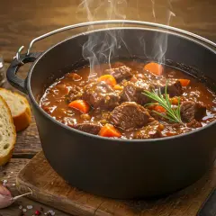 Heißer Rindfleischeintopf mit Karotten und Rosmarin, der im Topf schmort. Dazu Brot und Gewürze.