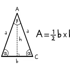 Trójkąt równoboczny z oznaczeniami boków i kątów. Obok wzór na pole: A = ½ b × h.