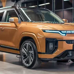 Pomarańczowy SUV z futurystycznym przodem, jeden z nowych koreańskich marek aut.