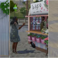 Ślub w Sims 4: pocałunek pod baldachimem, zakup kwiatów na targu i serce na piasku.