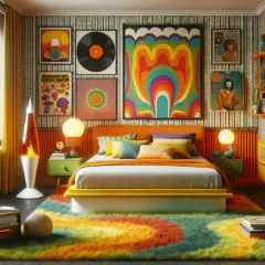 A vibrant bedroom with a strong retro aesthetic, featuring a lava lamp, colorful psychedelic art, and a shag rug.
