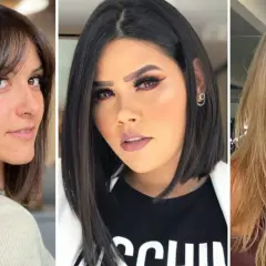 Tres mujeres con diferentes cortes de pelo, ideales como cortes de pelo para cara redonda: bob asimétrico, melena con capas y flequillo.