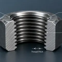 Corte de una tuerca hexagonal, mostrando sus diferentes tipos de tuercas y sus partes: chaflán, superficie de apoyo, rosca interna, ancho entre caras y paso de rosca.
