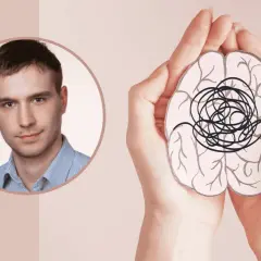 Mężczyzna w okręgu i dłonie trzymające rysunek mózgu z plątaniną. Symbolizuje to leczenie CHAD i powrót do równowagi.