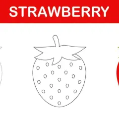 Fresa para colorear: una imagen con tres fresas, una punteada, otra delineada y una roja con semillas.