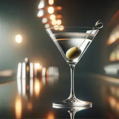 Klasyczny martini co to? Elegancki kieliszek z oliwką na tle rozświetlonego baru.