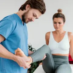 Fizjoterapeuta bada stopę pacjentki.