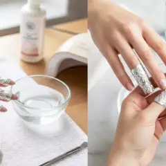 Zalane skórki i paznokcie w folii aluminiowej, przygotowanie do usunięcia lakieru hybrydowego.