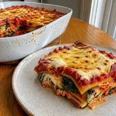 En saftig vegetarisk lasagne med lager av pasta, tomatsås, ost och gröna bladgrönsaker. Perfekt för en mysig middag.
