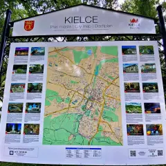 Mapa turystyczna Kielc z licznymi zdjęciami atrakcji, w tym Kadzielni Kielce.