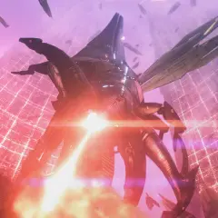 Ogromny statek wroga na tle sieci energetycznej, otoczony mniejszymi jednostkami. Scena przypomina jedno z **mass effect 3 zakończenia**.
