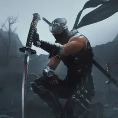 Ryu Hayabusa z Ninja Gaiden Black na Xbox, klęczący z mieczem w dłoni, w mrocznym, mglistym krajobrazie.
