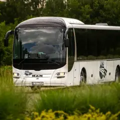 Biały autokar PKS Jarosław jedzie przez zielony krajobraz, być może w drodze do Horyńca-Zdroju.
