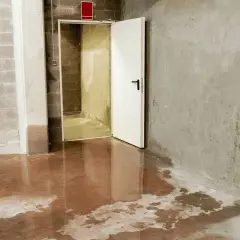 Wasser steht auf dem Boden eines Kellers, da die **Drainage verstopft** ist. Eine offene Tür führt in einen dunkleren Raum.