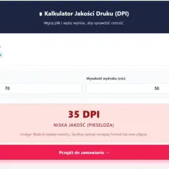 Kalkulator jakości druku (DPI) pokazuje 35 DPI dla wydruku 70x50 cm, co oznacza niską jakość.