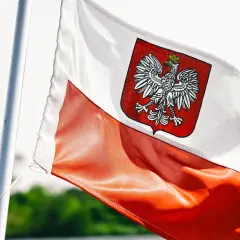 Flaga Polski z orłem, symbol wolności i niezależności. W tle zieleń, jak w kraju, gdzie zagraniczne banki w Polsce rozwijają skrzydła.