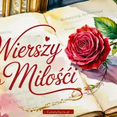 Księga pełna wzruszających krótkich wierszy o miłości, ozdobiona czerwoną różą.
