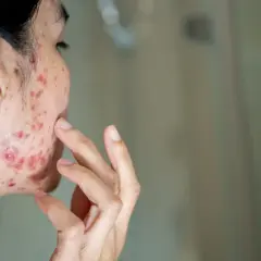 Skóra z widocznym trądzikiem, dotykana palcem. Problemy z cerą mogą być związane z gospodarką hormonalną, w tym z wpływem androgenów na trądzik.