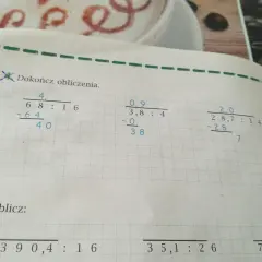Zadania z dzielenia ułamków dziesiętnych. Oblicz 68:16, 3,8:4, 28,7:14 oraz 390,4:16, 35,1:26, 7:8.