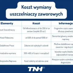 Tabela przedstawia koszt wymiany uszczelniaczy zaworowych, podając ceny części, robocizny i dodatkowych prac. To dobry sposób na uszczelniacze zaworowe.